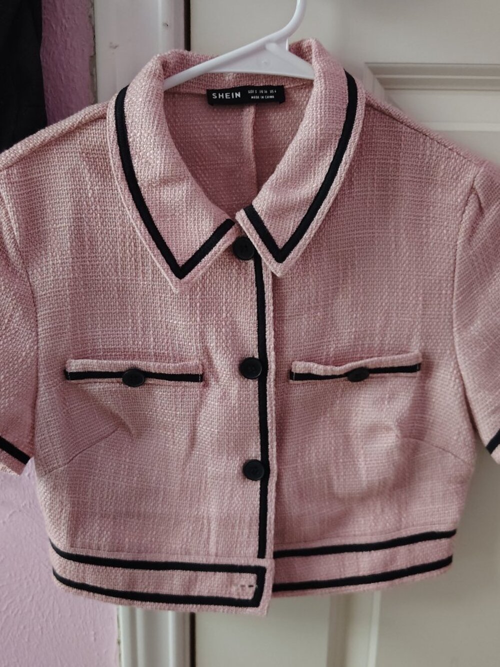 SHEIN Pink Tweed Cropped Button-Up Blouse with Black Trim